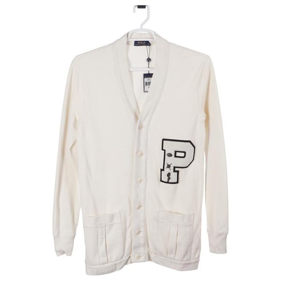 NWT Polo Ralph Lauren Varsity Cardigan Men M Ivory Letterman Button Up V-Neck
